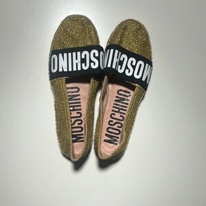 Moschino Gold Glitter Sandals with Black Strap
